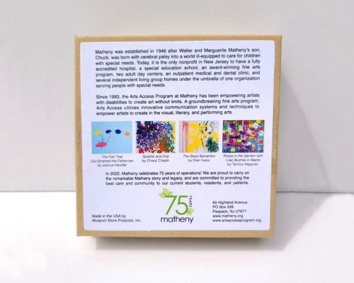 Back of a boxed set of coasters celebrating Matheny's 75th Anniversary featuring details of paintings by four artists.