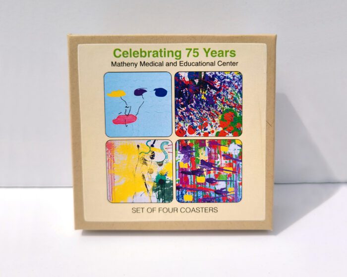 Front of a boxed set of coasters celebrating Matheny's 75th Anniversary based on details of paintings by four artists.