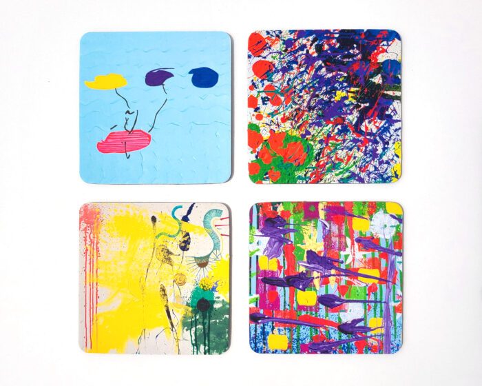 Four coasters included in a set celebrating Matheny's 75 Anniversary featuring details of paintings by four artists.