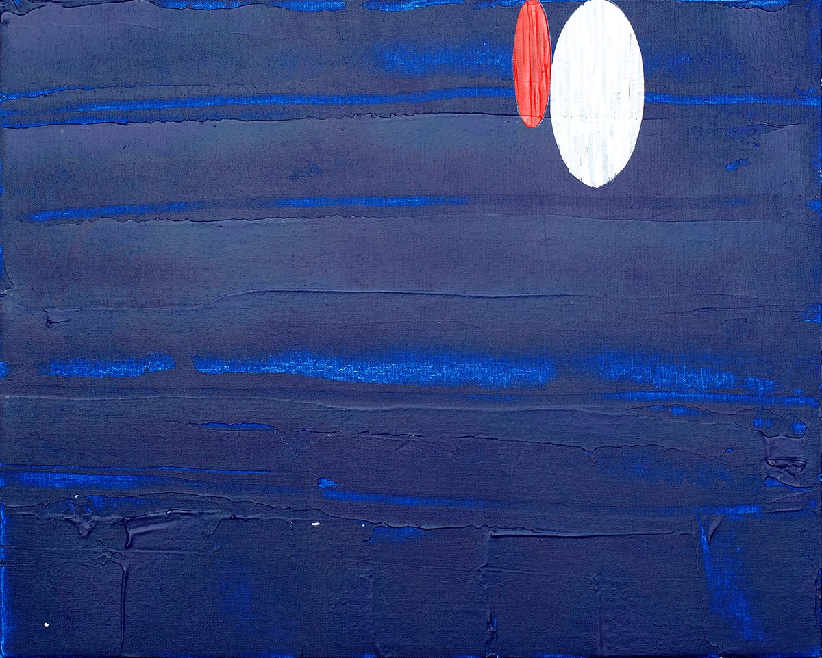 Abstract "Untitled" painting by artist Nancy Soto with white and pink oval shapes on a darker blue background.