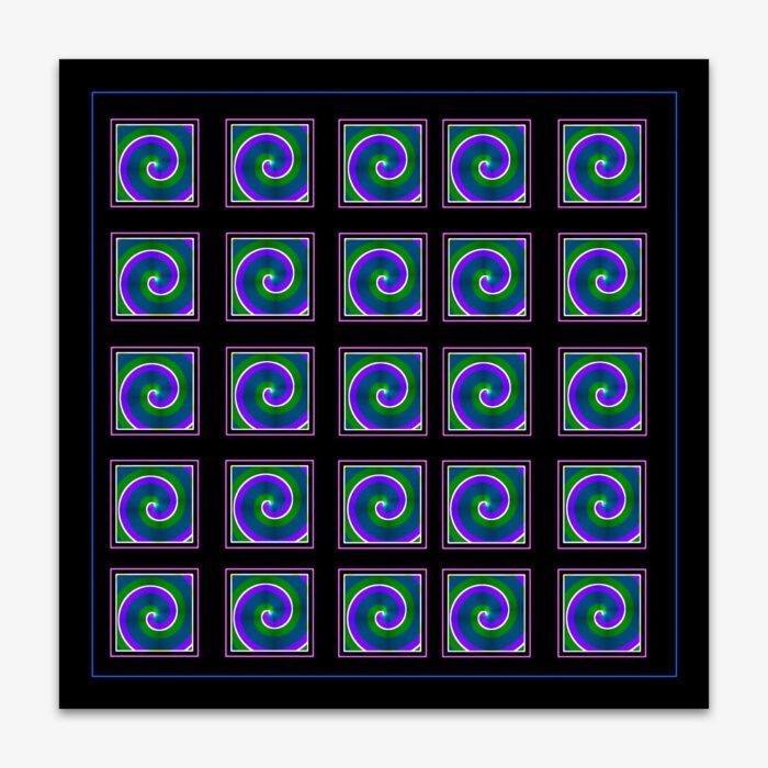 Abstract "Untitled" painting by artist Alex Stojko featuring scroll design in blue and green, repeated on a black background.