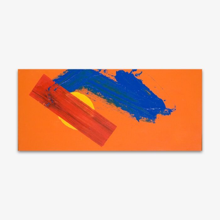 Abstract painting by artist Eric Corbin titled "Sunshine in Paradise" with bold orange, yellow and blue shapes on a lighter orange background.