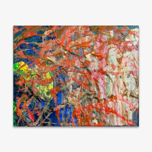 Abstract "Untitled" painting by artist Hassan Daughety with splatter design in vibrant shades of red, orange, blue and yellow.