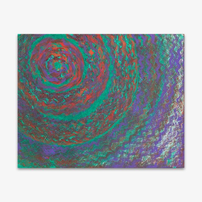 Abstract painting by artist Jessica Evans titled "Spiral Keep on Spinning" with spiral design in shades of purple, green, red, and white.