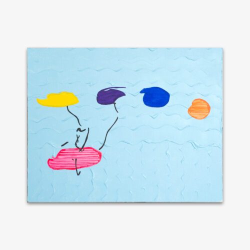Abstract painting by artist Josh Handler titled "The Fish That Out Smarted the Fisherman" with yellow, purple, blue, orange, and pink shapes on a light blue background.