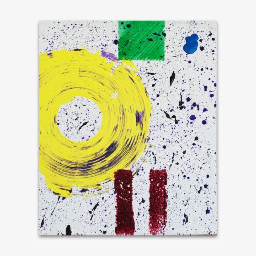 Abstract painting by artist Lloyd Decker titled "Yellow" with plum, green, and bright yellow shapes on a light color background with blue and black splatter.