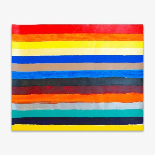 Abstract painting by artist Yasin Reddick titled "Rainbow Rainschmoe" featuring bold horizontal stripes in shades of red, orange, yellow and blue.