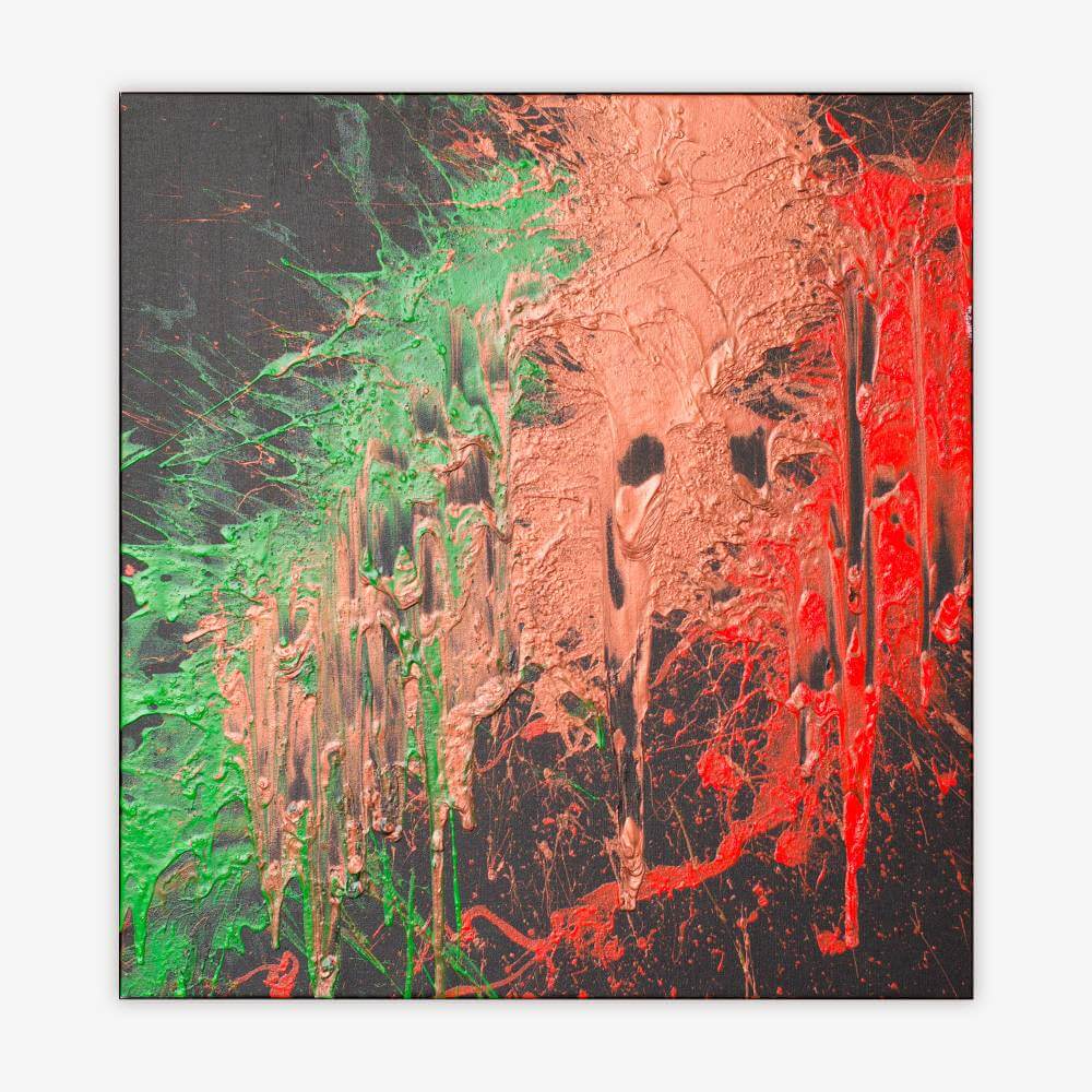 "Untitled" painting by artist Christopher Saglimbene featuring striking splatter paint design in bright green, copper, and orange on a dark background.