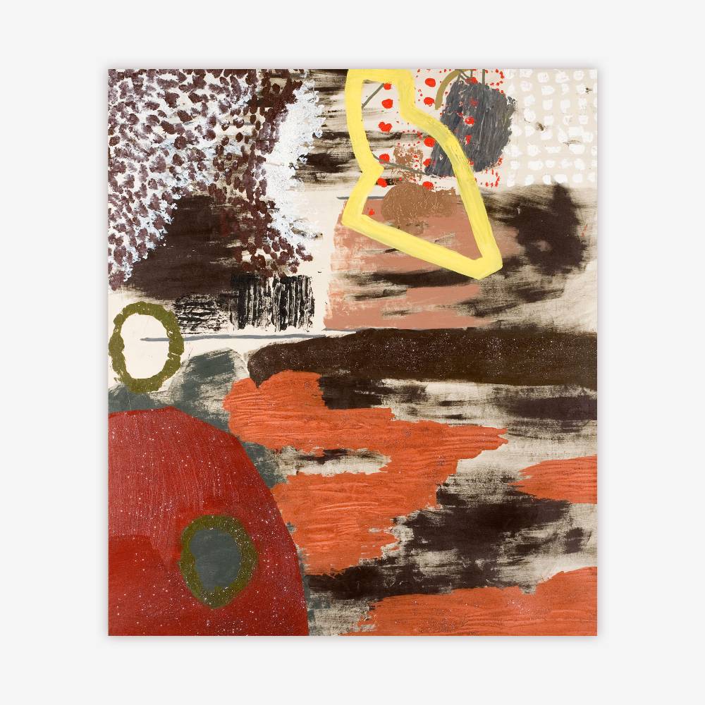 Abstract painting by artist Annie Paloff titled "Eric Corbin (He's Done So Much For Me)" featuring variety of shapes and patterns in shades of brown, white, orange, and yellow.