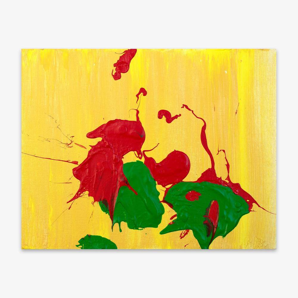 Abstract painting by artist Anthony Zaccaria titled "2021 A Better Year" with bold red and green splatter paint design on a bright yellow background.
