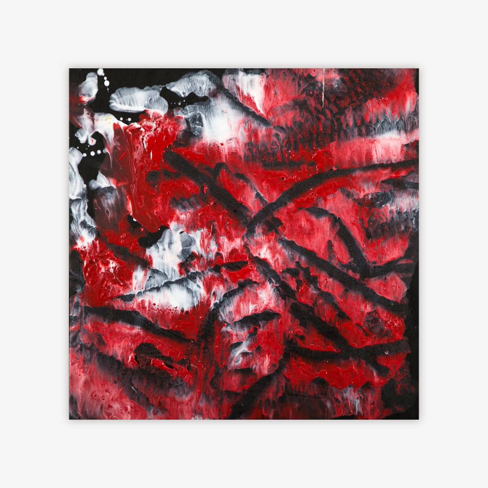Abstract painting by artist Natalia Manning titled "Red and Black" with amorphous shapes and linear pattern and red, black, and white color palette.
