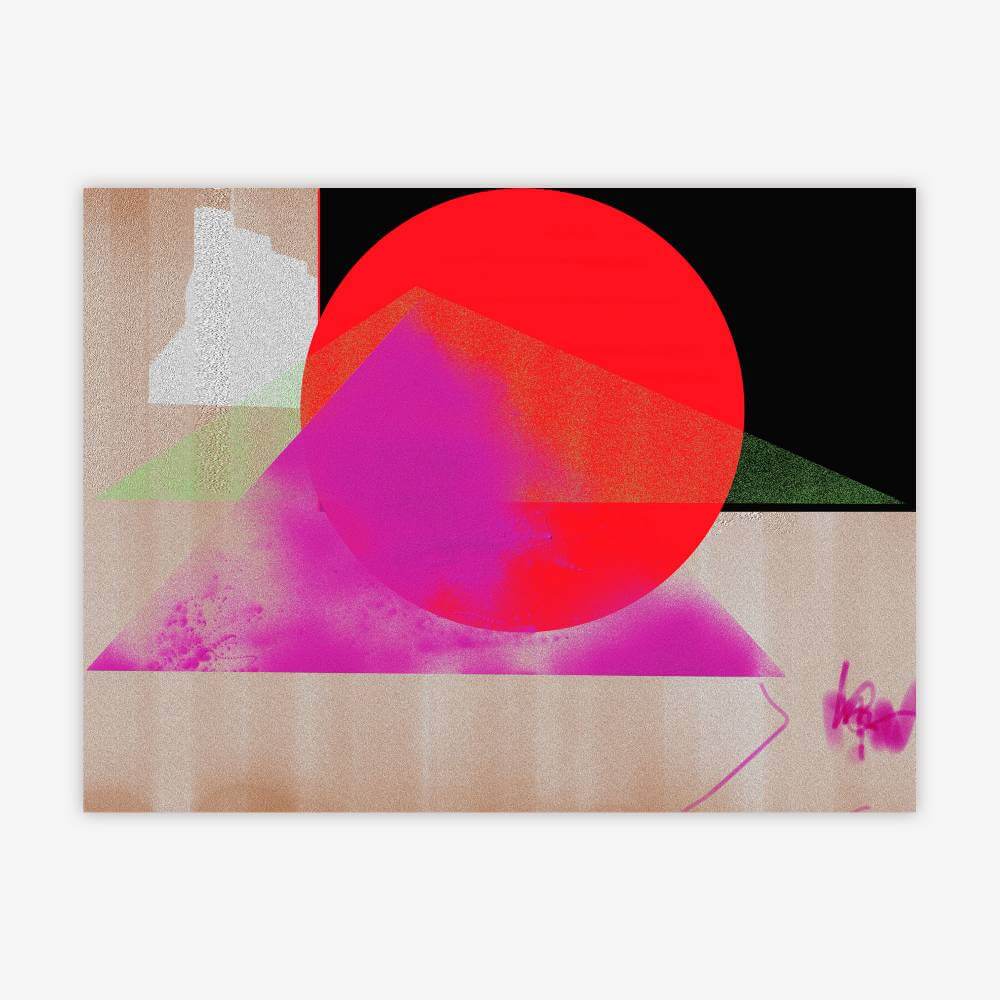 Abstract painting by artist Paul Santo titled "A Red Circle" featuring geometric design in shades of purple, red, green, white, and black.
