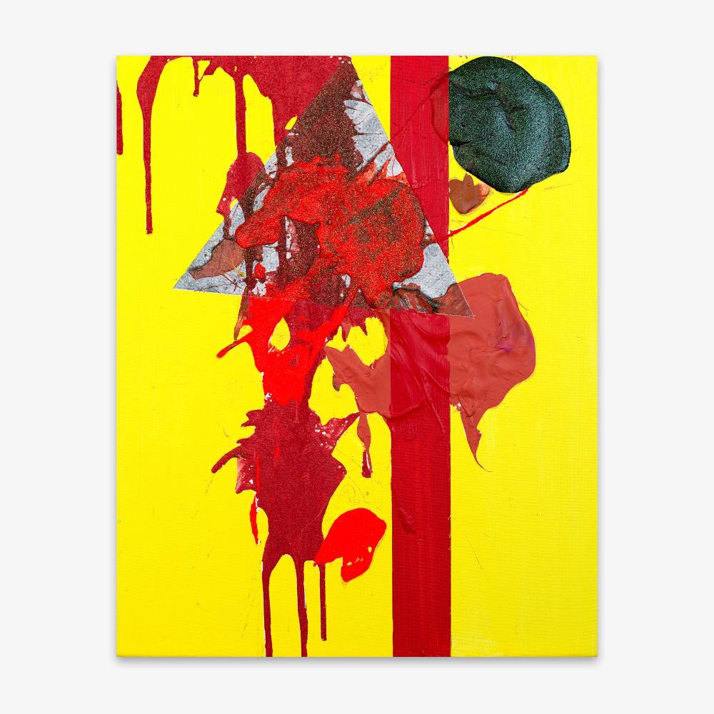 Abstract painting titled "A Very Red and Winding Road" with red, black, and silver shapes and splatter paint on a bright yellow background.