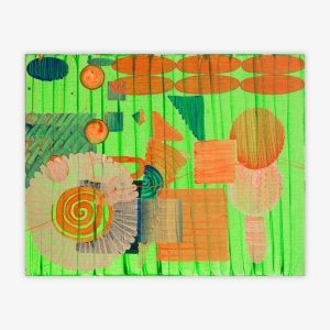 Abstract painting by artist Philip Fisher titled "ART" featuring geometric shapes and patterns in shades of orange, pink, and blue on a bright green background.