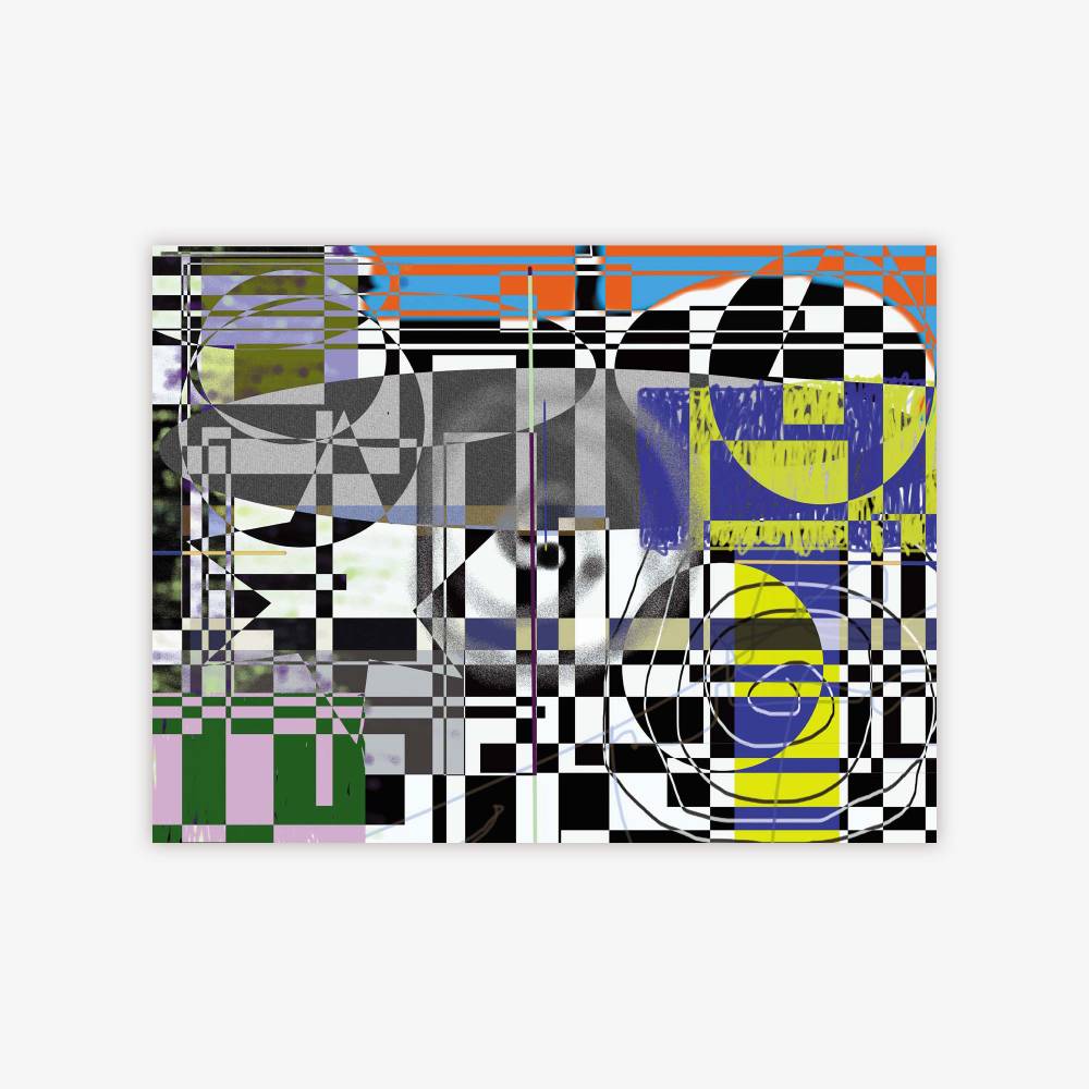 Abstract painting by artist James Lane titled "Abstract" with a black, white, blue, green, yellow, and orange design.