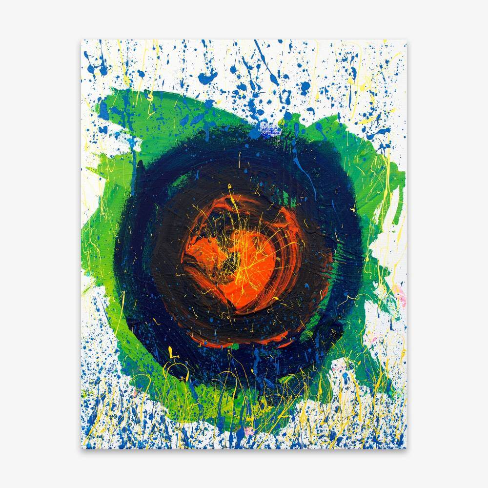 Abstract painting by artist Cheryl Chapin titled "An Expanding Universe" with bold green, blue, yellow, and orange bull's eye design accented with blue and yellow splatter paint on a white background.