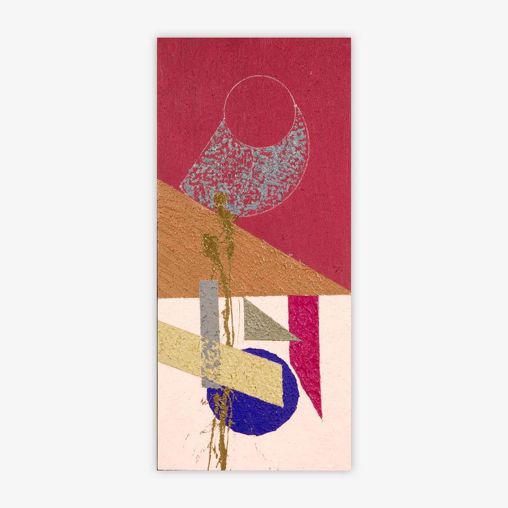 Abstract "Untitled" painting by artist Andy Lash with geometric shapes in silver, gold, blue, and pink on a pink background.