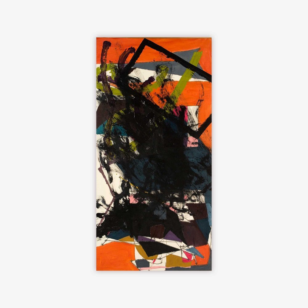 Abstract painting by artist Cynthia Shanks titled "Six" featuring shapes and pattern with an orange and black color palette.