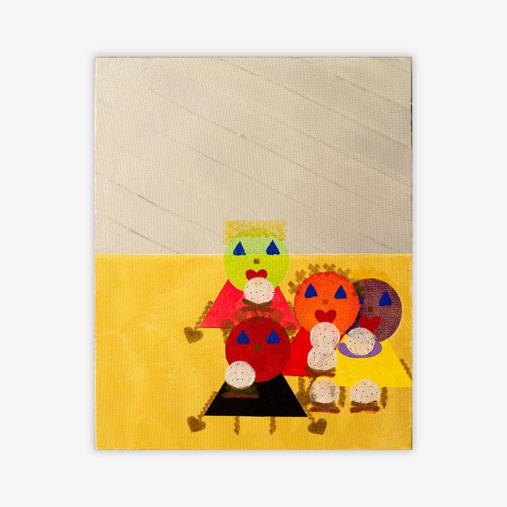 Painting by artist Tammy Heppner titled "Campfire at a Campground" featuring colorful figures with geometric shapes against a yellow and beige background.