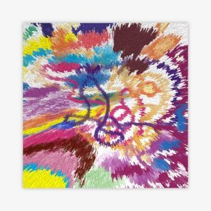 Abstract painting by artist Cheryl Chapin titled "Cascade of Light" featuring a purple, yellow, green, blue, beige, and white composition.
