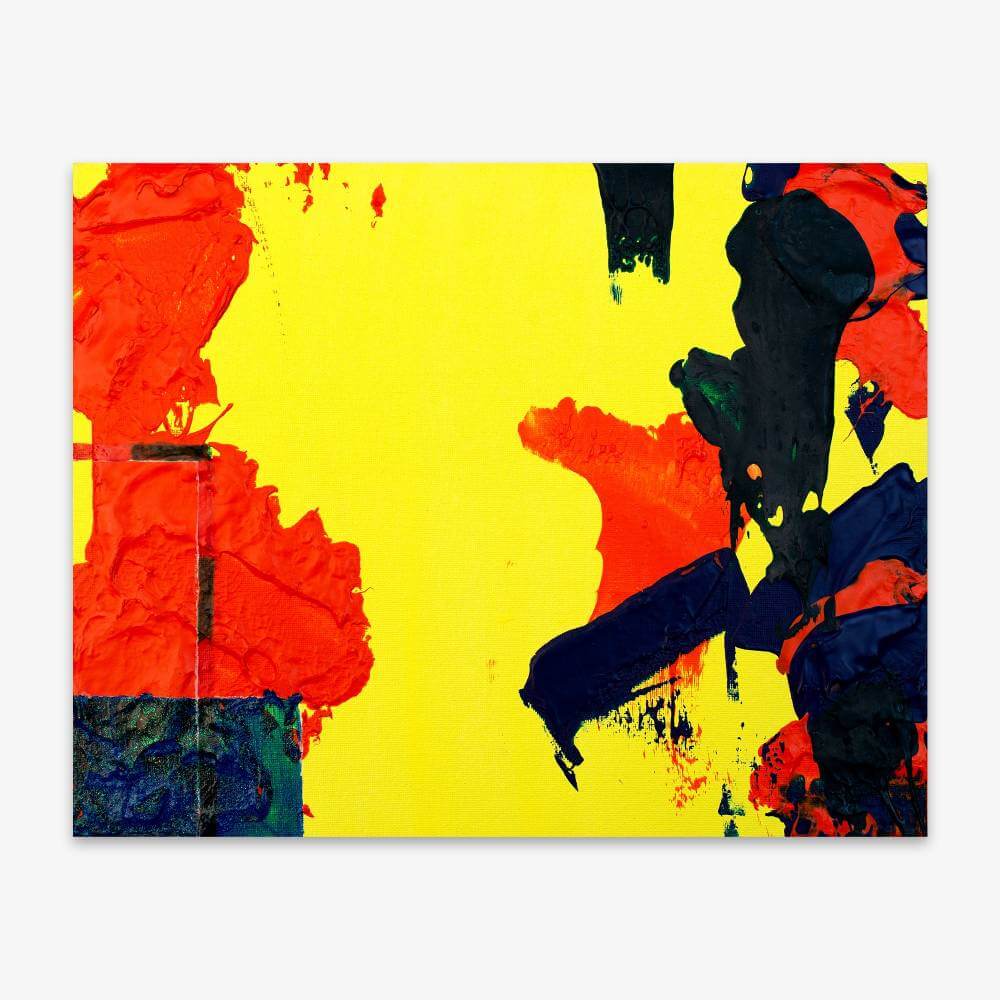 Abstract painting by artist Anthony Zaccaria titled "It's Christmas Eve at Hotel Transylvania 3" with red and blue amorphous shapes and pattern against a bright yellow background.