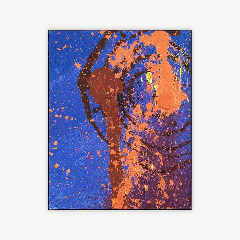Abstract "Untitled" painting by artist Daniel Teresi with bull's eye and splatter paint design in shades of blue, purple, copper, and brown.