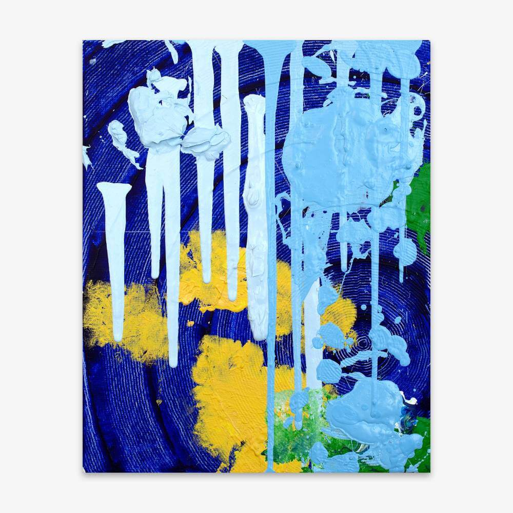 Abstract painting by artist Anthony Zaccaria titled "Disney World with Mickey Mouse and Winnie the Pooh" with shapes and pattern in shades of bright blue, yellow, and green on a darker blue background.