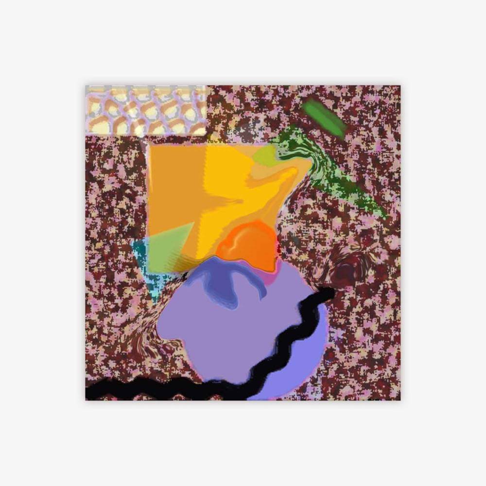 Abstract painting by artist Annie Paloff titled "Eileen" featuring composition in shades of yellow, orange, green, blue, pink, purple, and black.