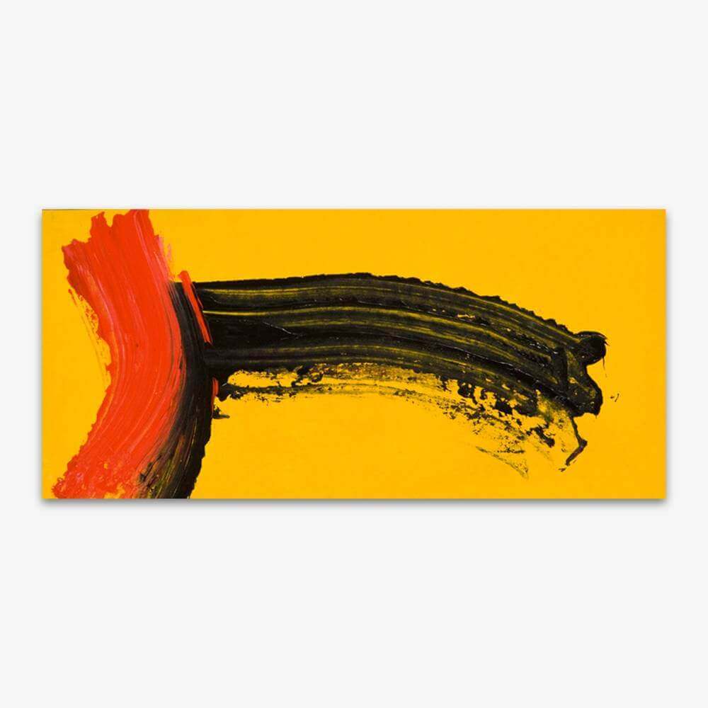 "Untitled" painting by artist Ellen Kane with bold black and orange brush strokes against a yellow background.