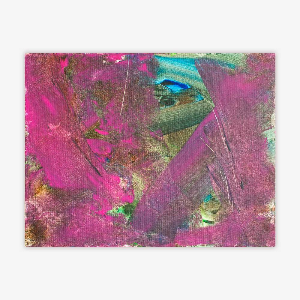 Abstract painting by artist Karen Frascella titled "FA" featuring broad brush strokes and pattern in shades of pink, blue, grey, and sienna.