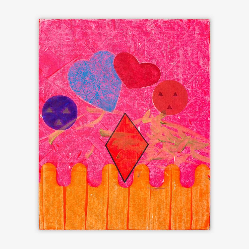 Painting by artist Faith Stolz titled "Hillsborough Makes Me Happy" featuring colorful shapes including red and blue hearts, circles and a diamond floating above a bright orange fence with pink background.