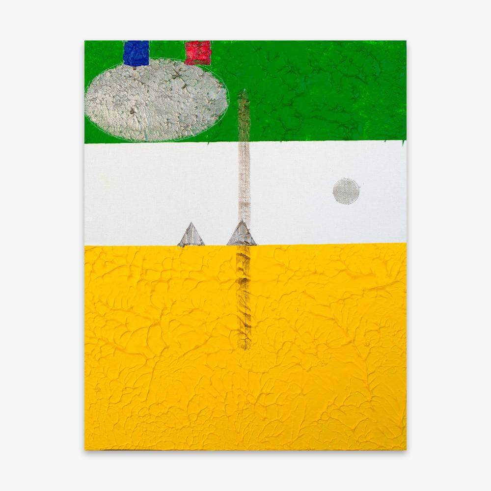 Painting by artist Ellen Kane titled "Father" featuring composition divided into green, white, and yellow horizontal sections with geometric shapes in silver, red, and blue.
