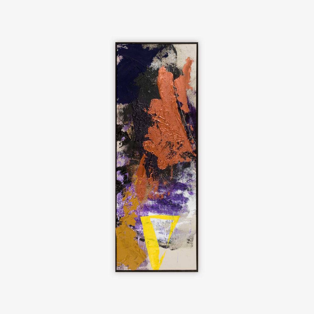 Abstract painting by artist Jason Weiner titled "Finished" with shapes and pattern in shades of purple, yellow, copper, gold, and black on a light grey background.