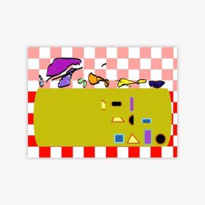 Abstract painting by artist Josh Handler titled "Fruit Salad" featuring colorful shapes on a pink, red, and white checkered background.