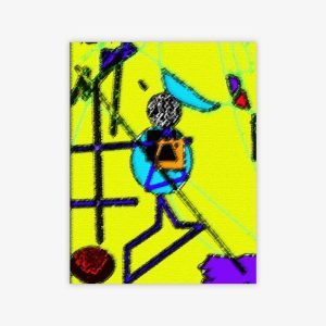 Abstract painting by artist Mike Martin titled "GCB" with a yellow, blue, purple, red, green and black composition.