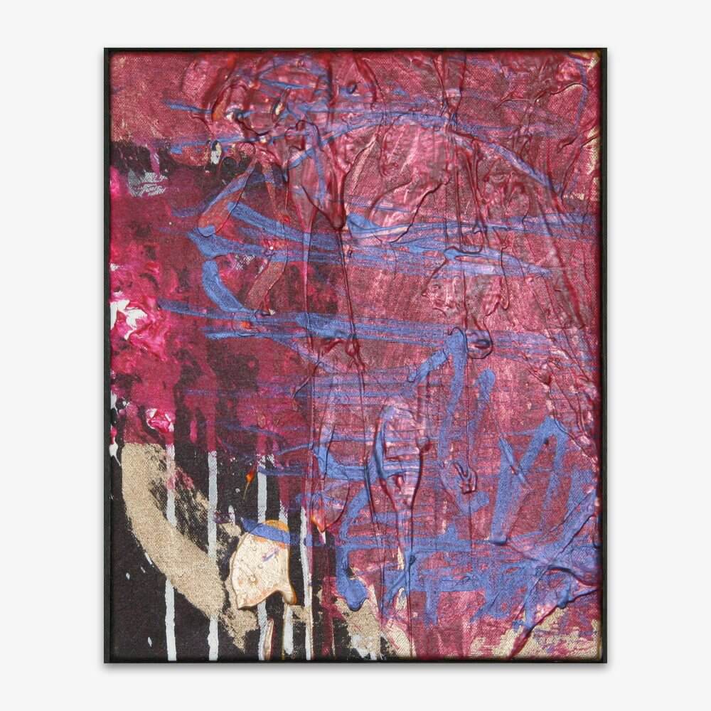 Abstract painting by artist Jason Weiner titled "Miss Patti" with pattern and texture in shades of pink, blue, white, and black.