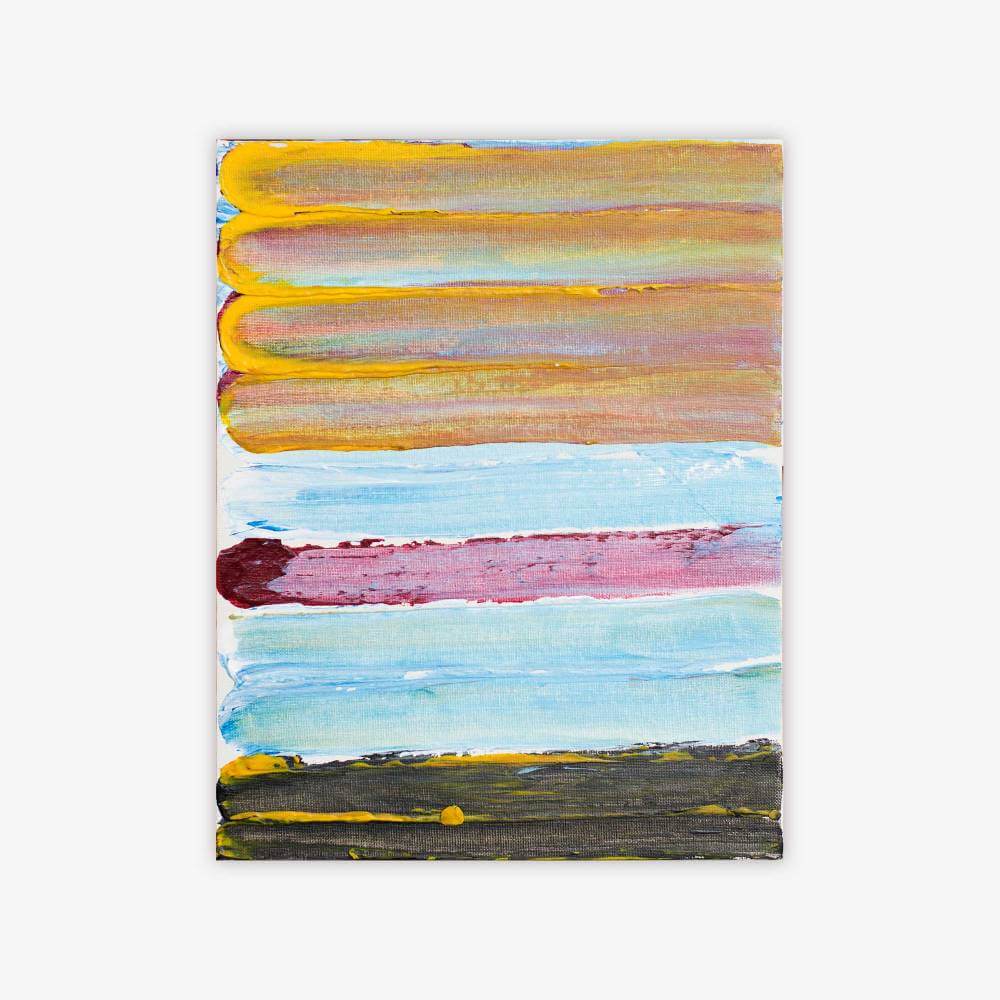 "Untitled" abstract painting by artist Kevin White with layered horizontal strokes of paint in shades of yellow, purple, blue, and black.