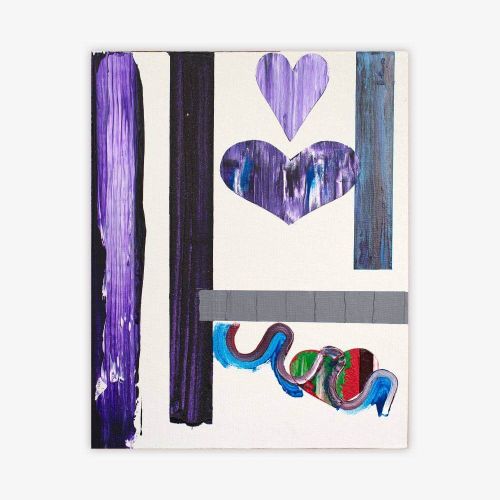 Painting by artist Kevin White titled "Kevin" featuring shapes including hearts and pattern in shades of blue, purple, and grey with red and green accents on a white background.