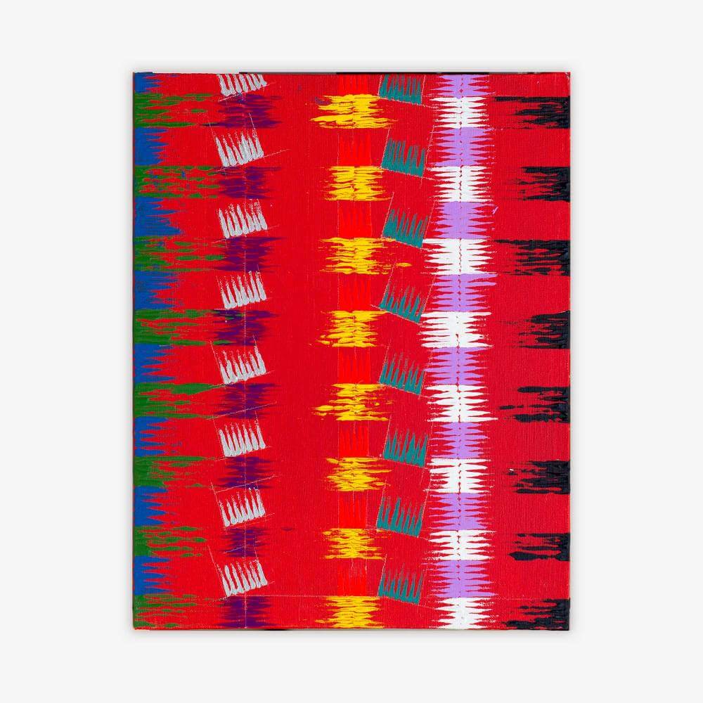 Abstract painting by artist Isabell Villacis titled "Language of Colors" with repeat pattern in shades of blue, red, purple, yellow, black, and white.