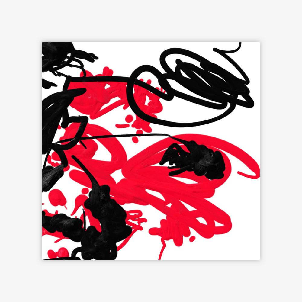Abstract painting by artist Christopher Saglimbene titled "Love and Deception" featuring a red, white, and black composition.