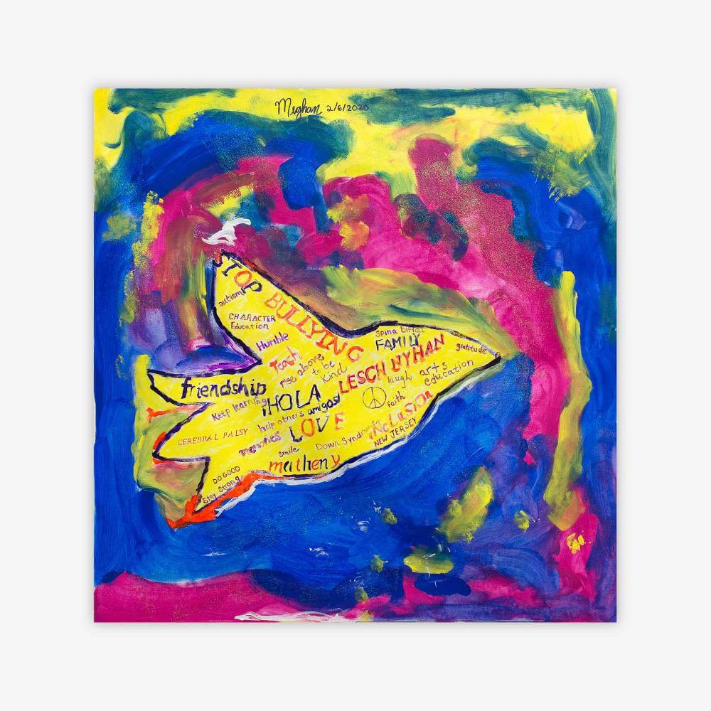 Painting by artist Meghan Forte titled "Love" featuring a yellow bird with text and surrounding pattern in shades of pink, blue, and yellow.