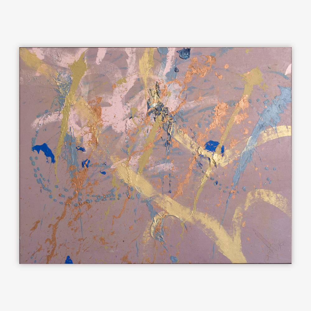 Abstract painting by artist Chet Cheesman titled "Me" with gold, copper, silver, pink, and blue pattern including splatter paint on a lavender background.