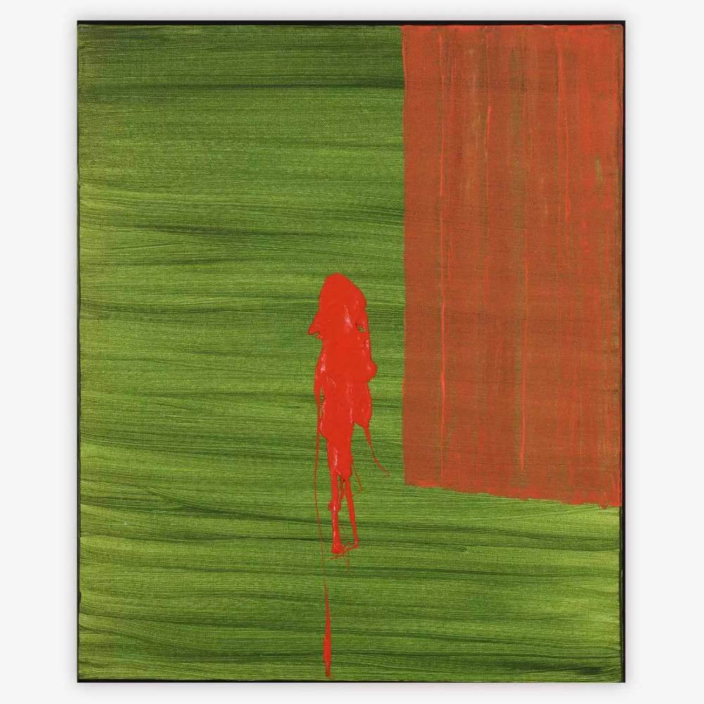 Abstract painting by artist Paul Santo titled "Michelle" with red rectangular shape and splatter paint against a green, striated background.