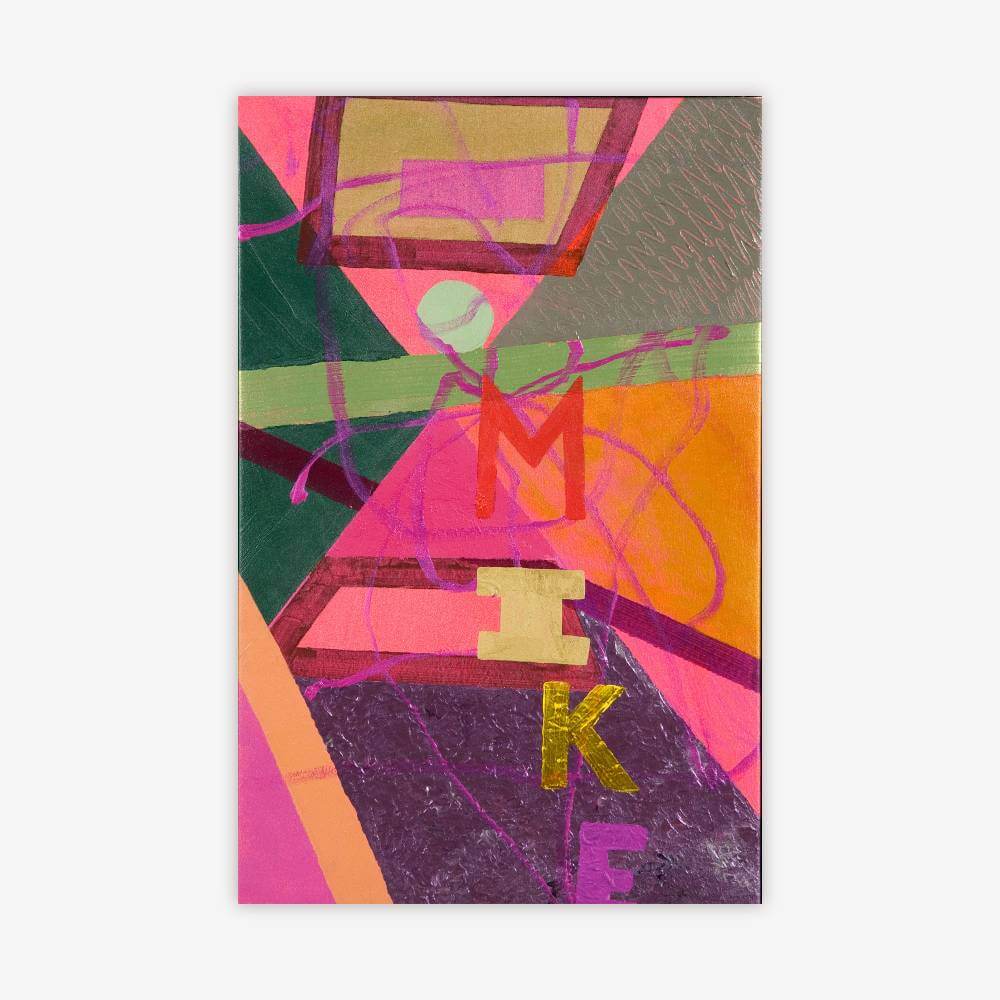 Abstract painting by artist Misty Hockenbury titled "Mike You are #1" with variety of colorful geometric shapes and the letters MIKE.