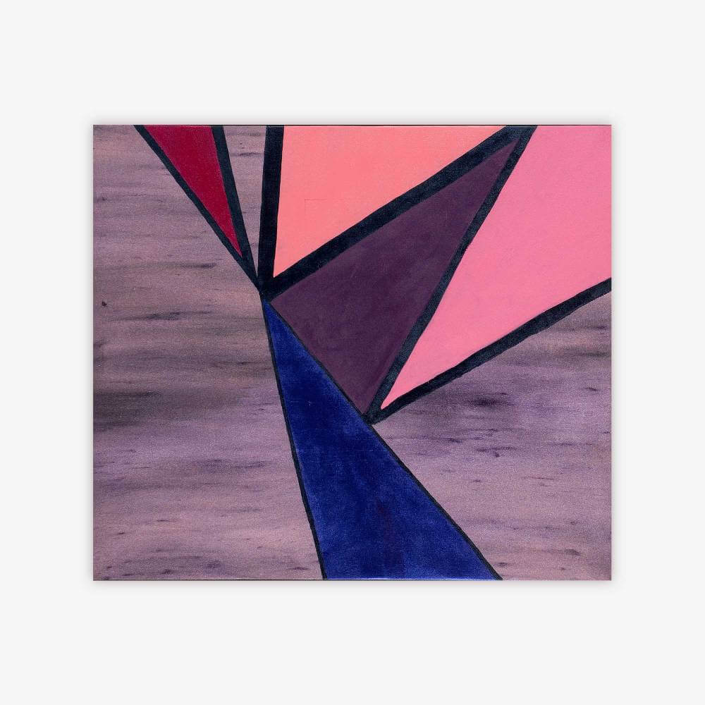 Abstract painting by artist Natalia Manning titled "Nothing" with red, pink, purple, and blue triangular shapes outlined in black against a lavender background.