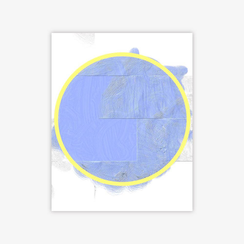 Abstract painting by artist Juanita Warren titled "Rainbow" featuring a light blue and yellow sphere on a white background.