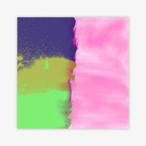 Abstract painting by artist Juanita Warren titled "Rainbow" in shades of pink, blue, and green.