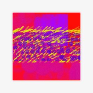 Abstract painting by artist Tammy Heppner titled "Rainbow" featuring shapes and pattern in yellow, red, and purple color palette.