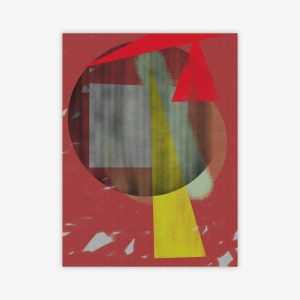 Abstract painting by artist Paul Santo titled "Red" with composition featuring geometric shapes in shades of red, yellow, and grey on a pink background.