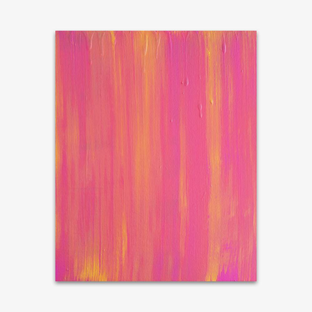 Abstract painting by artist Philip Fisher titled "Room" with pink and yellow striate design.